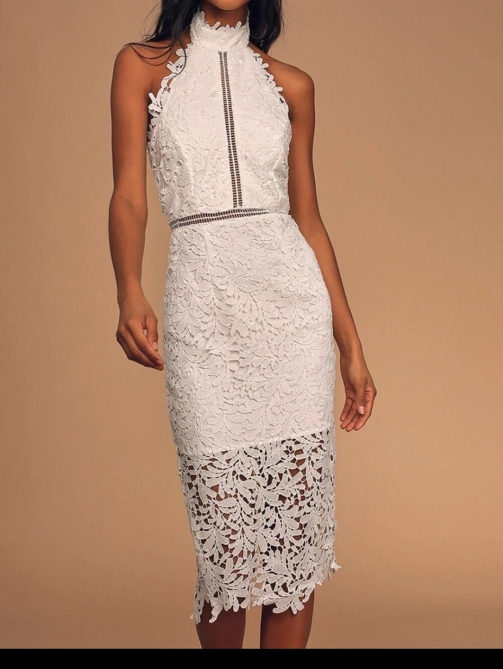 Lulu's White Lace Halter Midi Dress with Crochet Insets